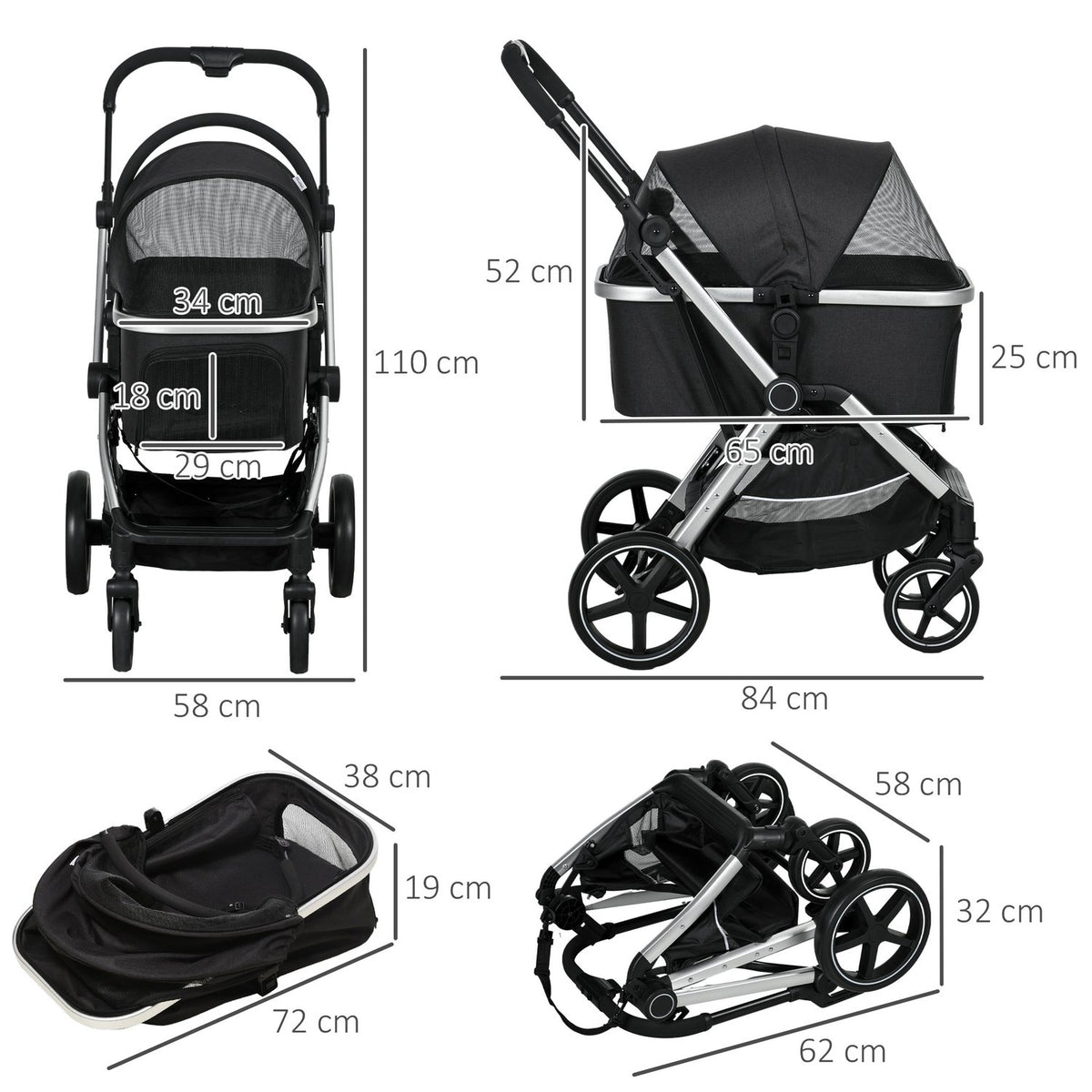 Dog Buggy Dog Cart With Rain Cover Pet Cart Cat Buggy With Safety Leashes Buggy For Small Dogs Oxford Black 84 X 58 X 110 Cm