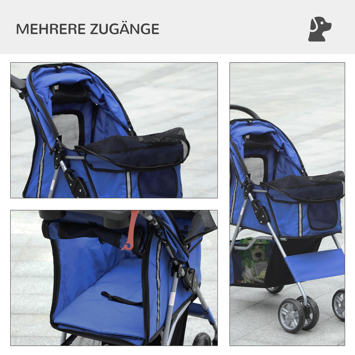 Dog Buggy, Dog Stroller With Rain Cover, Foldable Dog Trolley Up To 20 Kg, With Cup Holder, Mesh Window, Cat Stroller, Blue, 75 X 45 X 97 Cm