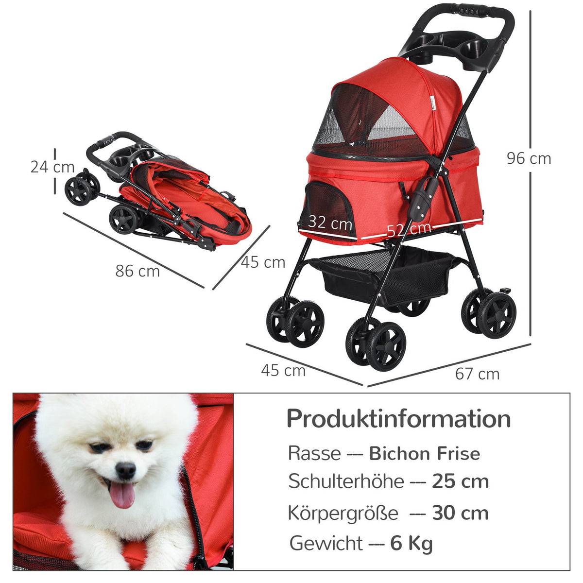 Dog Buggy Foldable Oxford Red 67X45X96Cm Small Dogs & Cats
