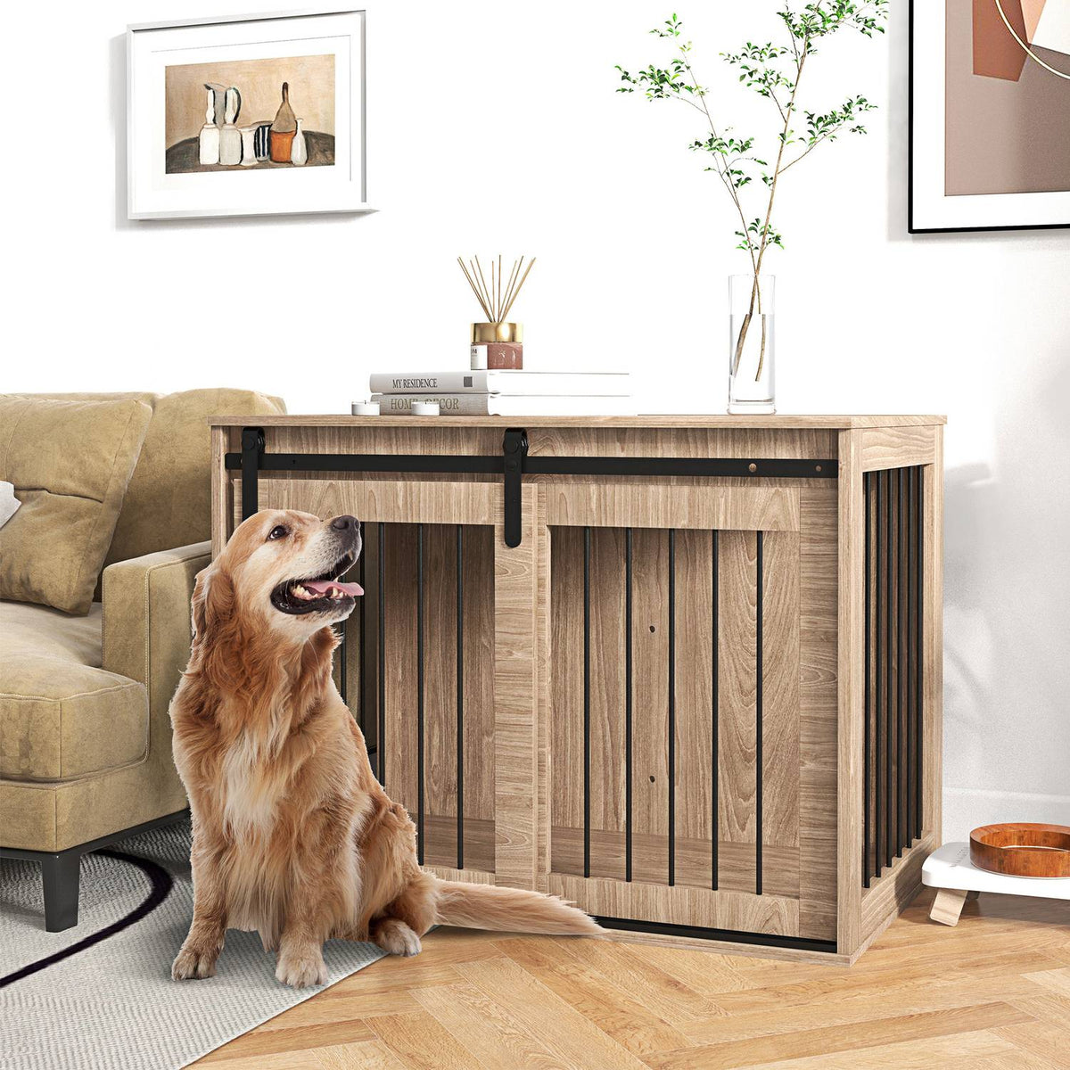 Dog Cage Dog Box With Sliding Door, Indoor Dog House With Wood Look, Locking, For Large Dogs Up To 30 Kg, 98 X 58 X 67 Cm, Walnut