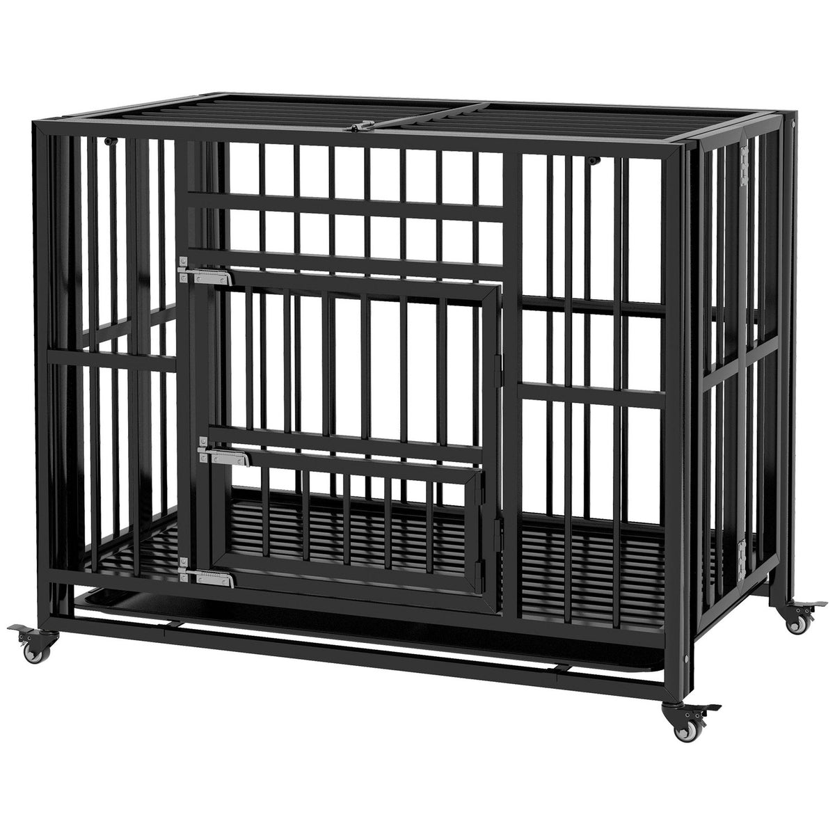 Dog Cage Dog Crate With Double Doors Dog Kennel Wheels Dog House Steel Black 94 X 58 X 78 Cm