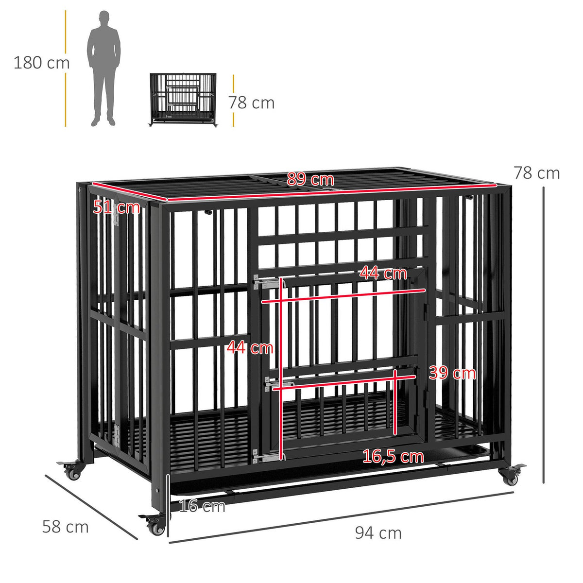Dog Cage Dog Crate With Double Doors Dog Kennel Wheels Dog House Steel Black 94 X 58 X 78 Cm