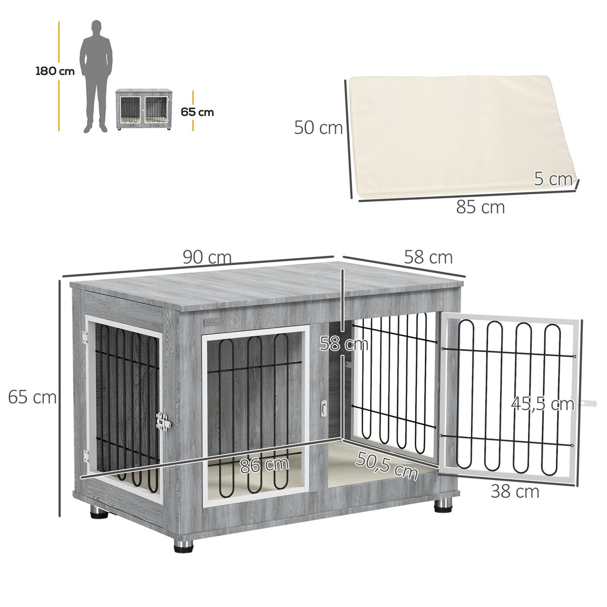Dog Cage, Dog House, With Cushion, 2 Latches For Medium Dogs, Dog Crate With Double Doors, Dog House, Gray, 90 X 58 X 65 Cm