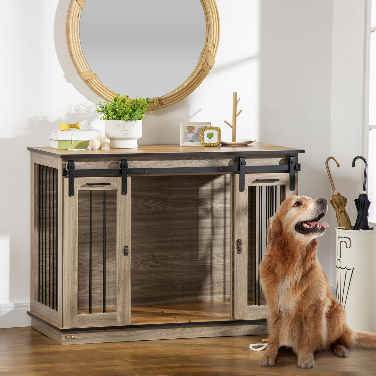 Dog Cage, Pet Cage, Dog House With Two Room Option For Medium Dogs, Dog Crate With Double Doors, Dog House, Oak