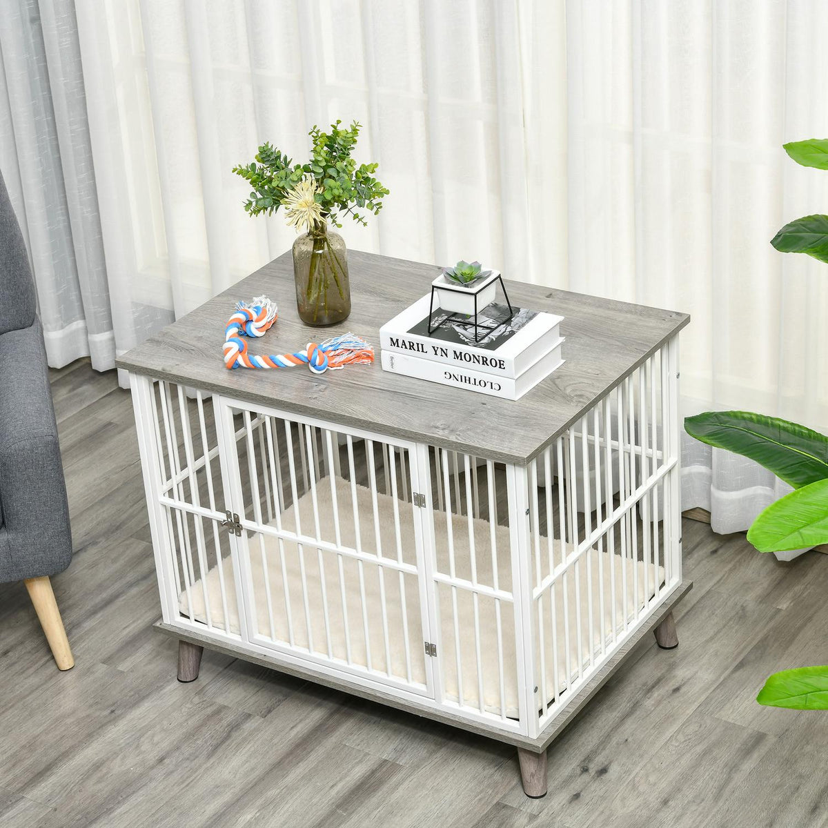 Dog Cage Wood Look Table Top Cushion Medium Dogs White + Gray 86X60X70Cm