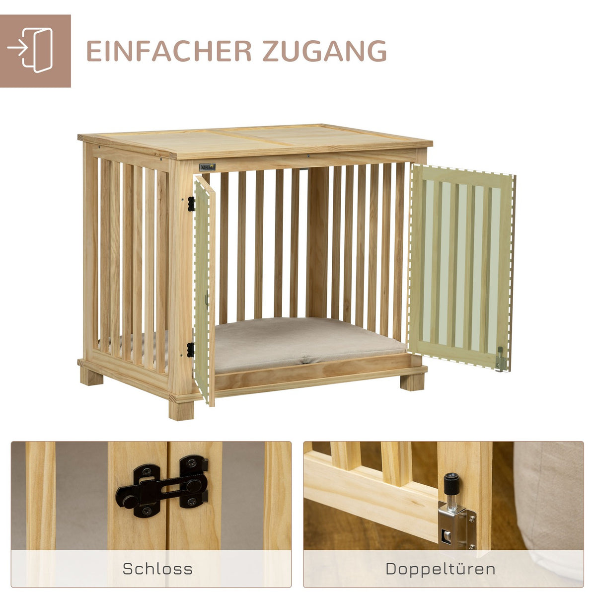 Dog Cage, Wooden Animal Cage, Pet Cage For Medium Dogs, Dog House With Cushion, Dog Box, Natural Wood + Cream White, 82.5 X 57 X 72 Cm