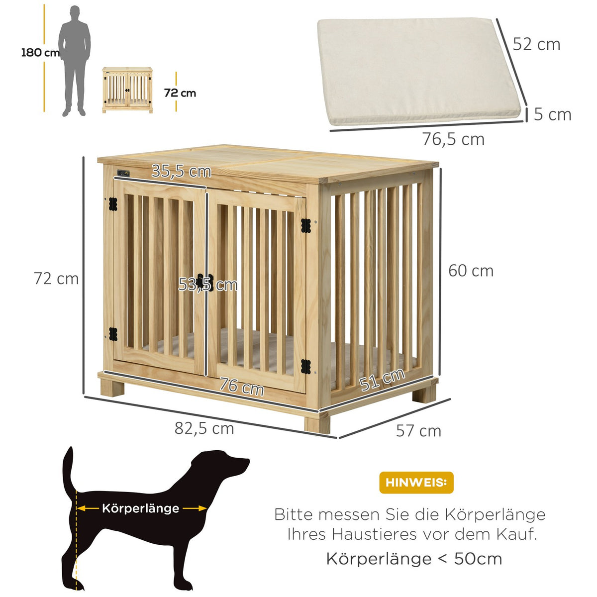 Dog Cage, Wooden Animal Cage, Pet Cage For Medium Dogs, Dog House With Cushion, Dog Box, Natural Wood + Cream White, 82.5 X 57 X 72 Cm