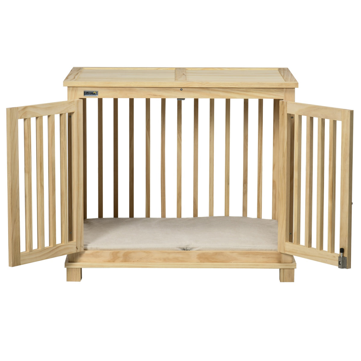 Dog Cage, Wooden Animal Cage, Pet Cage For Medium Dogs, Dog House With Cushion, Dog Box, Natural Wood + Cream White, 82.5 X 57 X 72 Cm