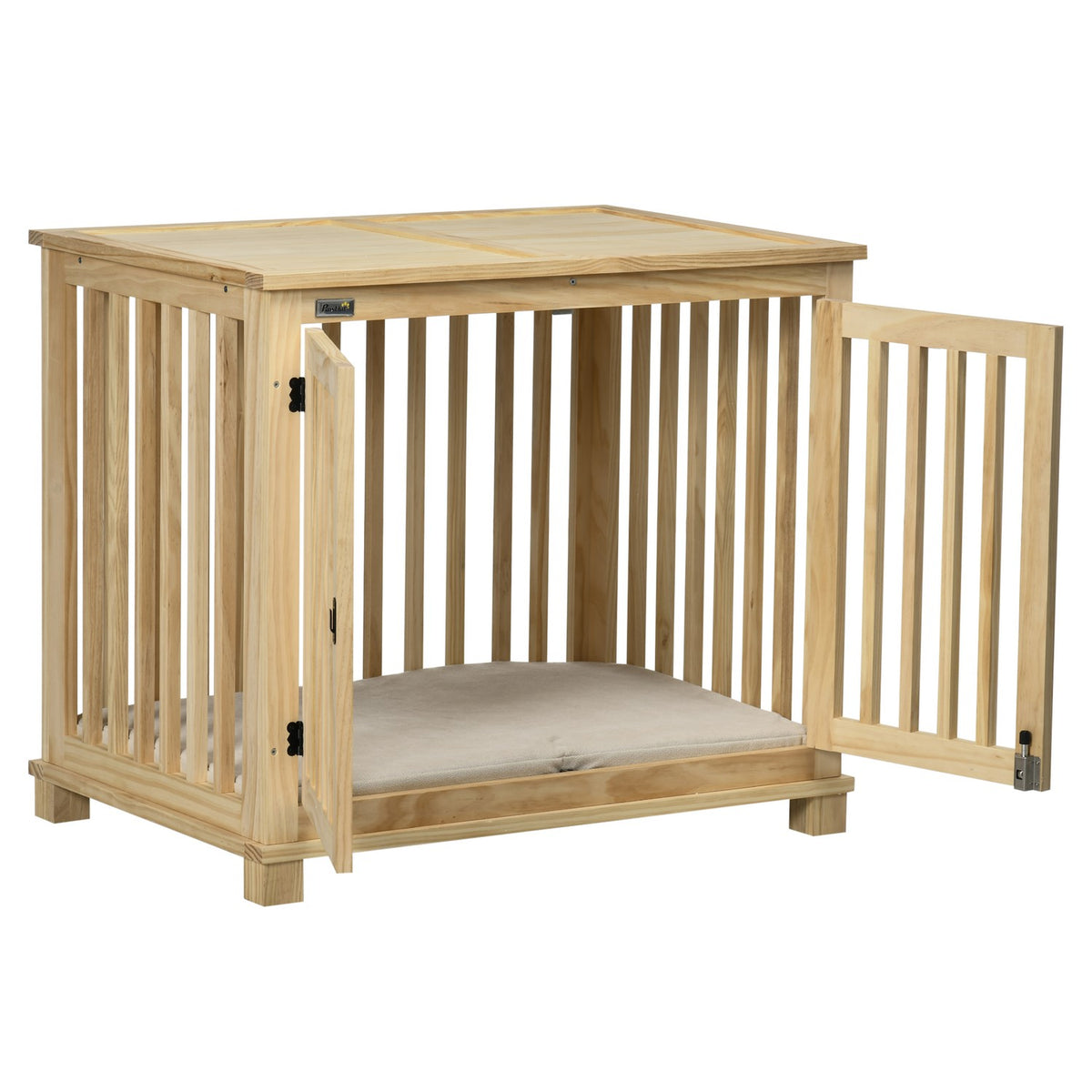 Dog Cage, Wooden Animal Cage, Pet Cage For Medium Dogs, Dog House With Cushion, Dog Box, Natural Wood + Cream White, 82.5 X 57 X 72 Cm