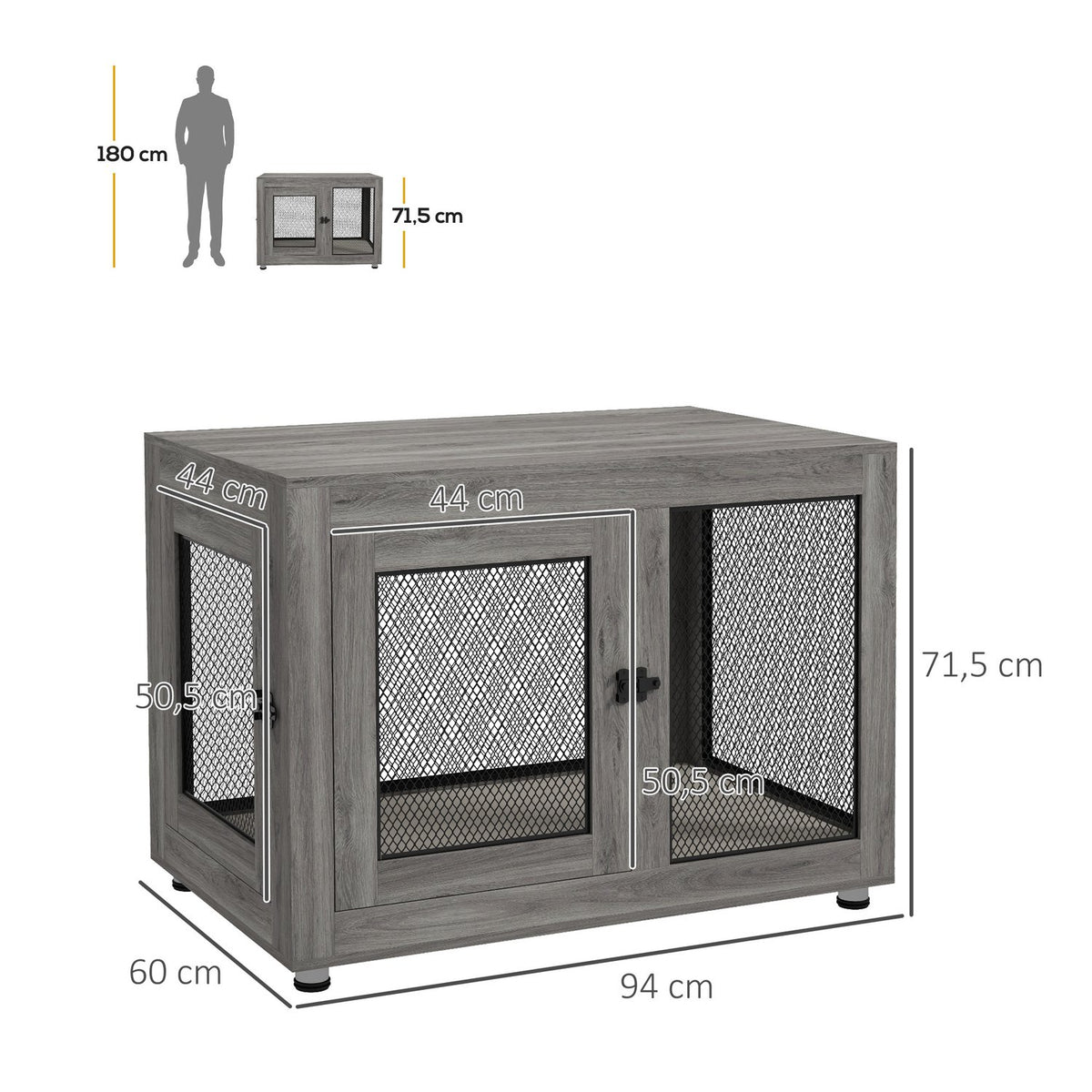 Dog Cage for Home, Dog Crate with 2 Doors, Washable Cushion, Dog Kennel with Adjustable Feet, Latch, for Large Dogs up to 30 kg, Gray, 94 x 60 x 71.5 cm
