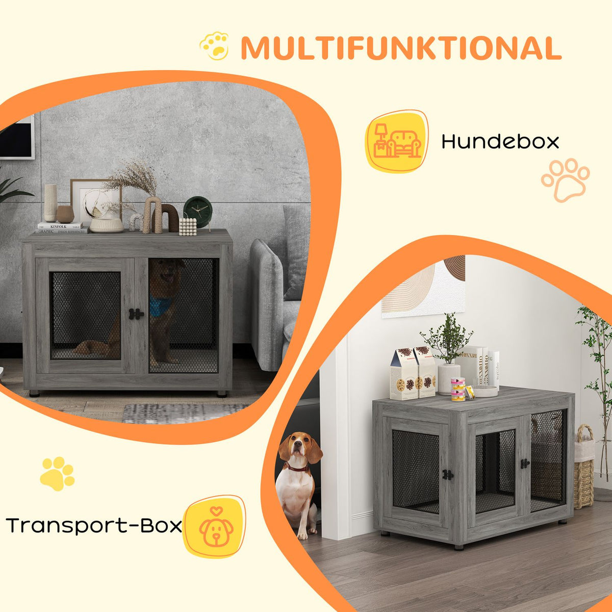 Dog Cage for Home, Dog Crate with 2 Doors, Washable Cushion, Dog Kennel with Adjustable Feet, Latch, for Large Dogs up to 30 kg, Gray, 94 x 60 x 71.5 cm