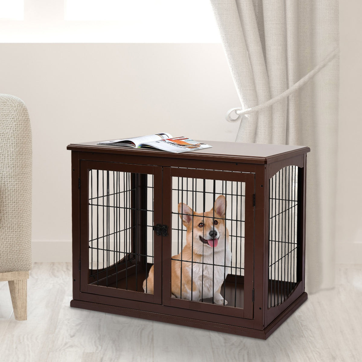 Dog Cage for Home, Dog House with 2 Entrances, Lockable Dog Crate, Dog House for Small Dogs, Brown, 58.5 x 81 x 66 cm