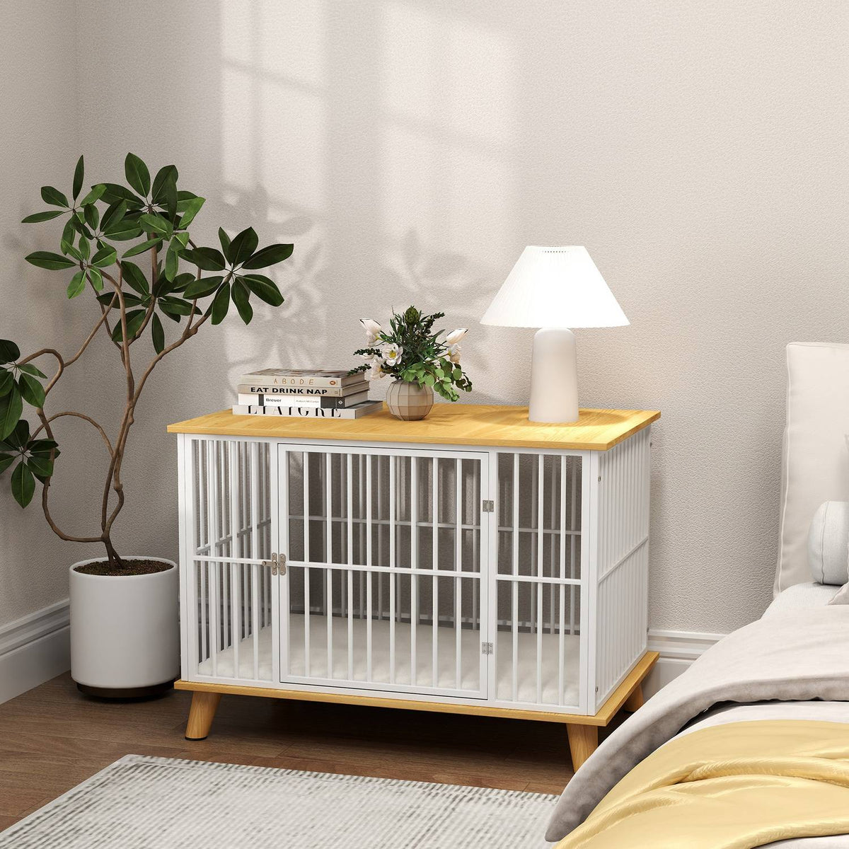 Dog Cage for Home, Lockable Dog Kennel with Cushion, Dog Crate with Door, Dog House for Medium Dogs under 15 kg, Oak, 86 x 60 x 70 cm