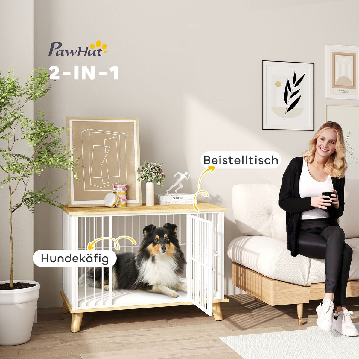 Dog Cage for Home, Lockable Dog Kennel with Cushion, Dog Crate with Door, Dog House for Medium Dogs under 15 kg, Oak, 86 x 60 x 70 cm
