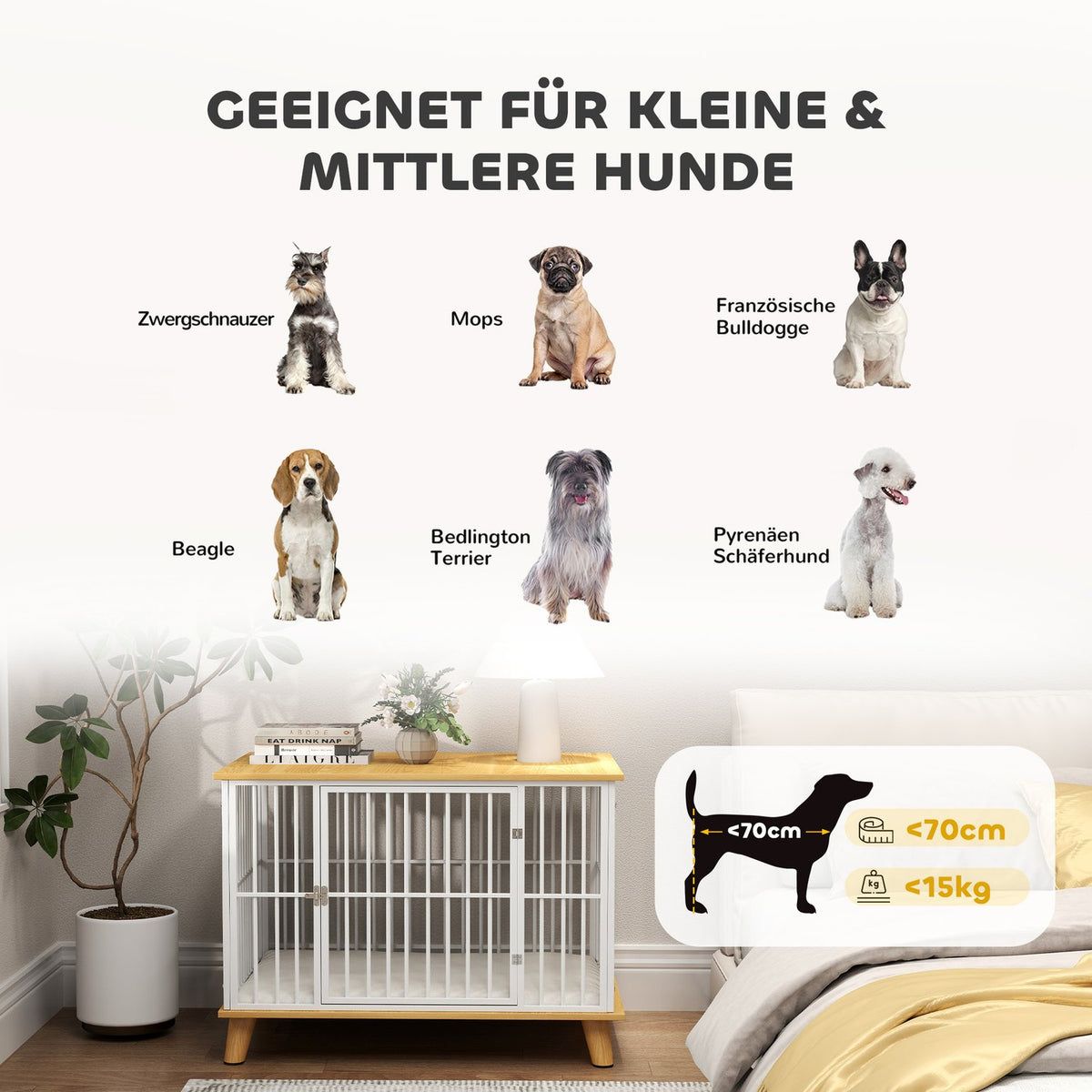 Dog Cage for Home, Lockable Dog Kennel with Cushion, Dog Crate with Door, Dog House for Medium Dogs under 15 kg, Oak, 86 x 60 x 70 cm