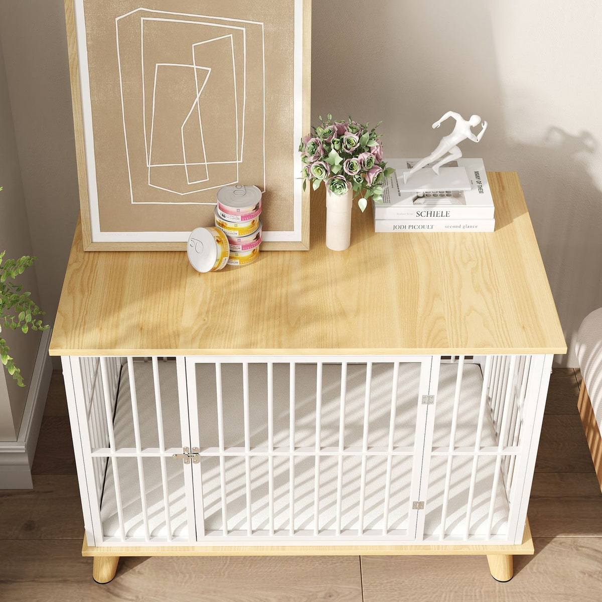 Dog Cage for Home, Lockable Dog Kennel with Cushion, Dog Crate with Door, Dog House for Medium Dogs under 15 kg, Oak, 86 x 60 x 70 cm
