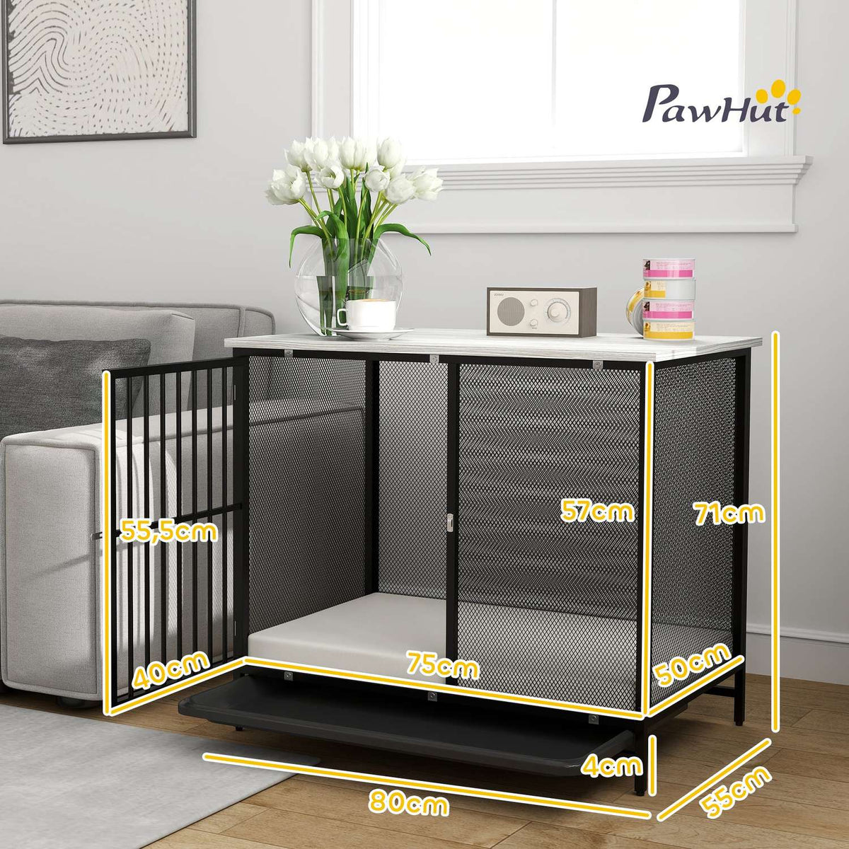 Dog Cage for Home, Lockable Dog Kennel with Cushion, Dog Crate with Pallets, Dog House for Medium Dogs under 20 kg, Grey, 88 x 55 x 71 cm