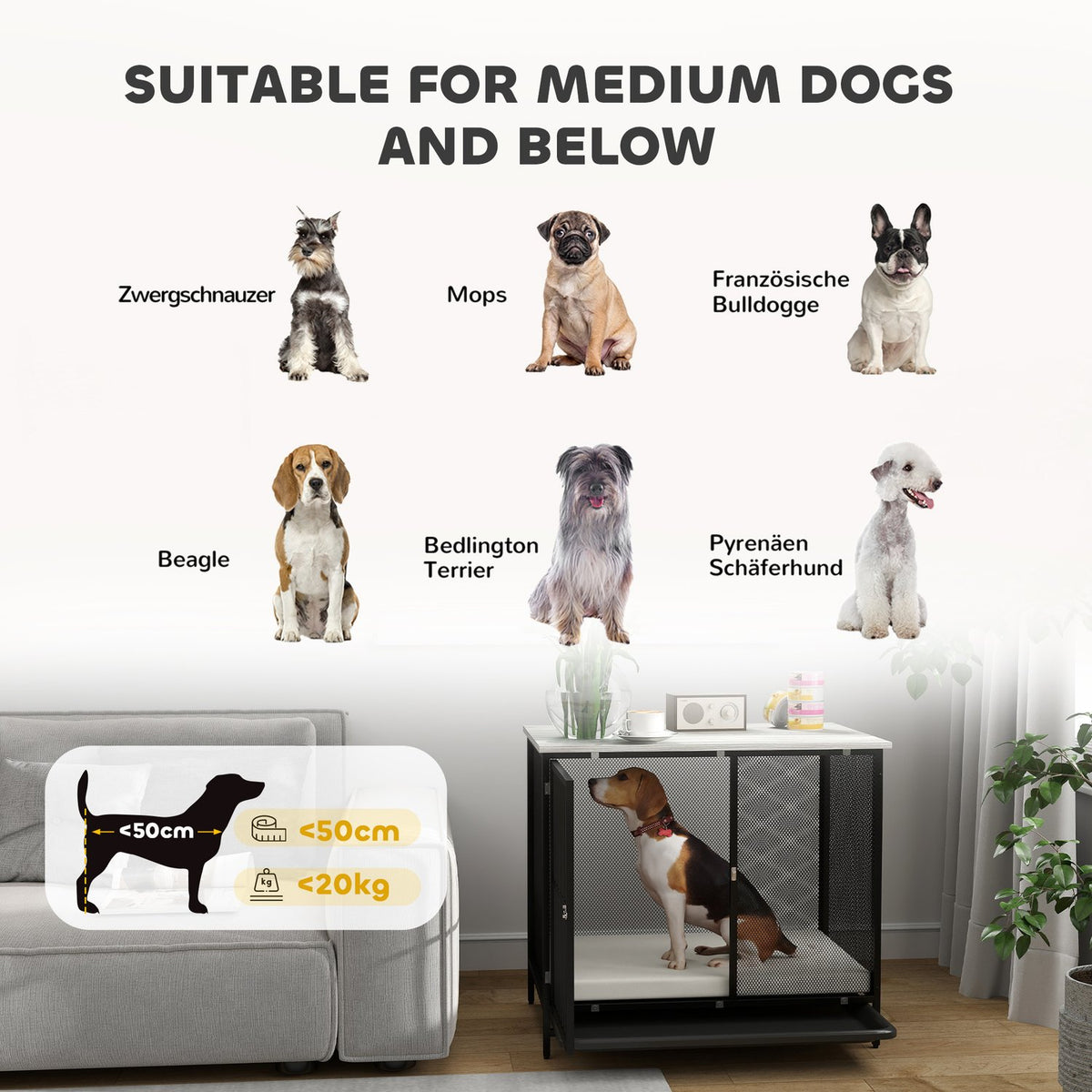 Dog Cage for Home, Lockable Dog Kennel with Cushion, Dog Crate with Pallets, Dog House for Medium Dogs under 20 kg, Grey, 88 x 55 x 71 cm