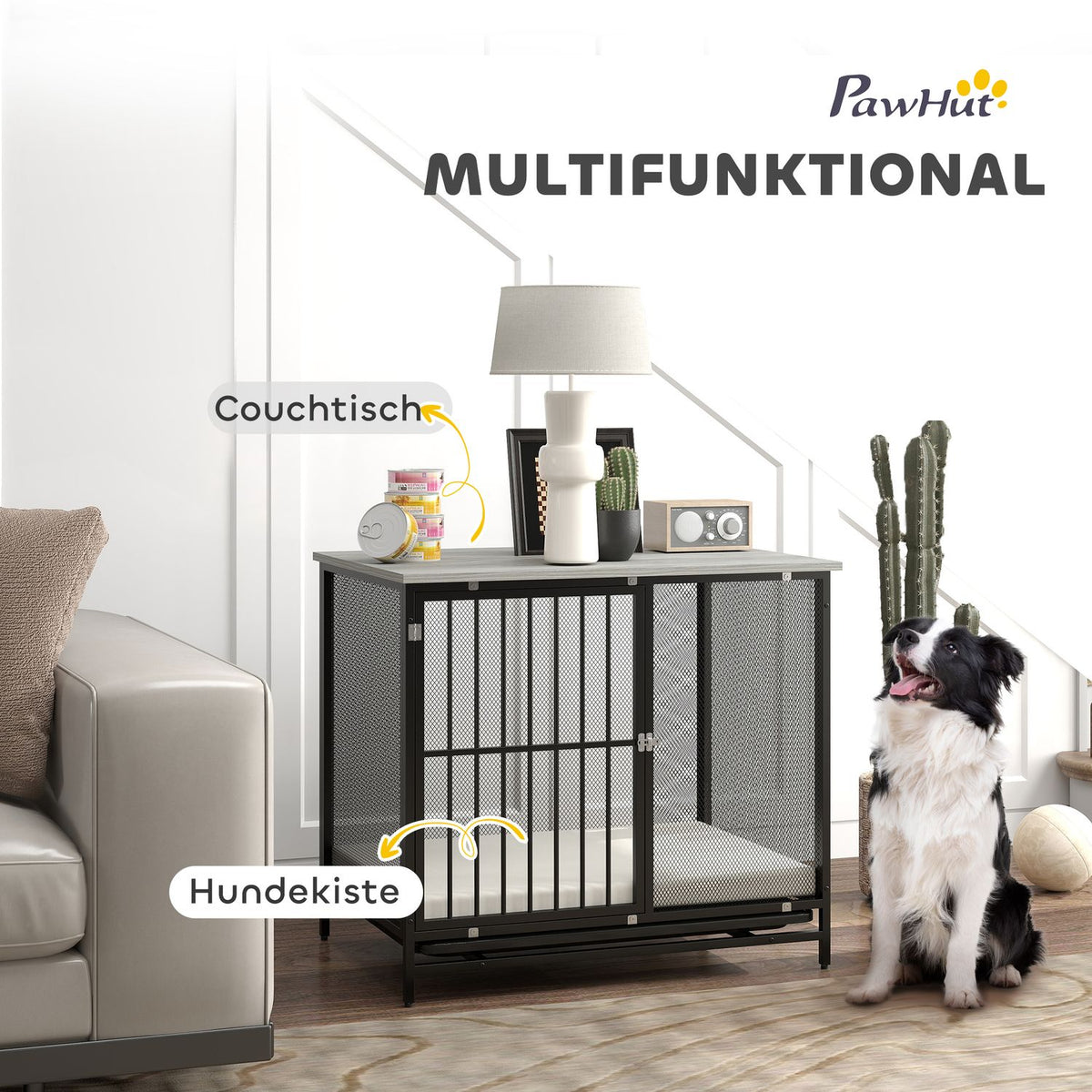Dog Cage for Home, Lockable Dog Kennel with Cushion, Dog Crate with Pallets, Dog House for Medium Dogs under 20 kg, Grey, 88 x 55 x 71 cm