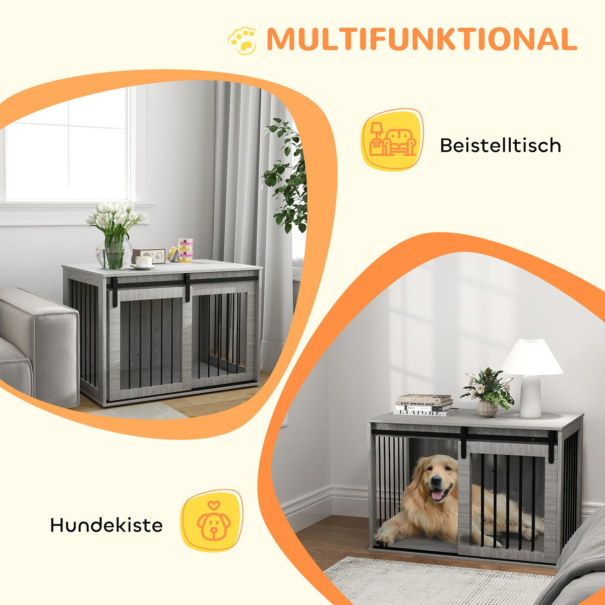 Dog Cage for Home, Lockable Dog Kennel with Entrance, Dog Box with Sliding Door, Dog House for Large Dogs under 30 kg, Grey, 98 x 58 x 61 cm