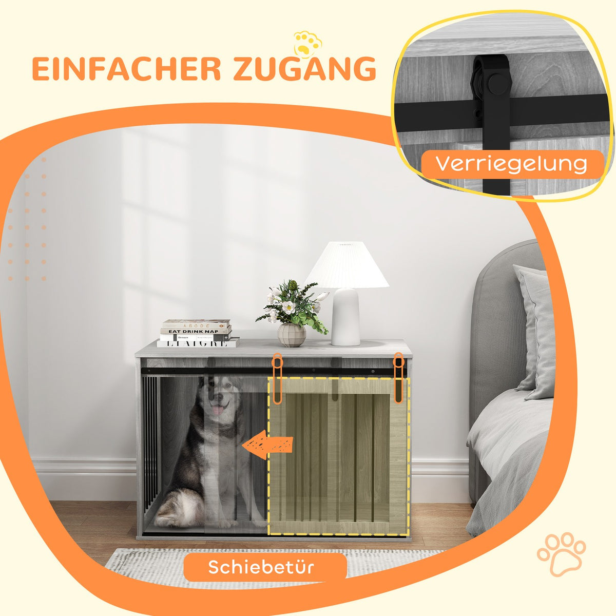 Dog Cage for Home, Lockable Dog Kennel with Entrance, Dog Box with Sliding Door, Dog House for Large Dogs under 30 kg, Grey, 98 x 58 x 61 cm