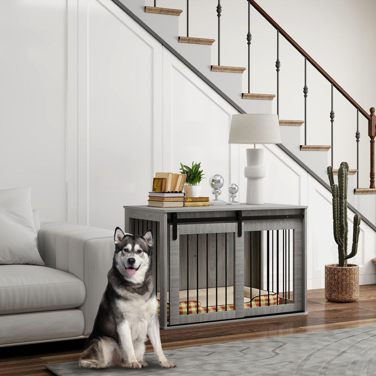 Dog Cage for Home, Lockable Dog Kennel with Entrance, Dog Box with Sliding Door, Dog House for Large Dogs under 30 kg, Grey, 98 x 58 x 61 cm
