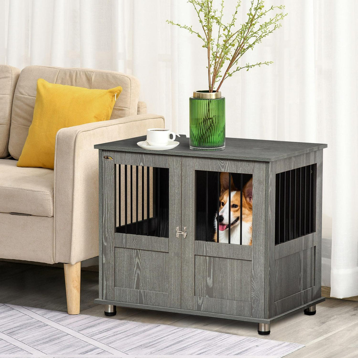 Dog Cage for Home, Pet Cage, Indoor Dog Kennel with Lock, Magnetic Door, Dog House with Window, Dog Box for Small and Medium Dogs, Grey, 85 x 55 x 87 cm