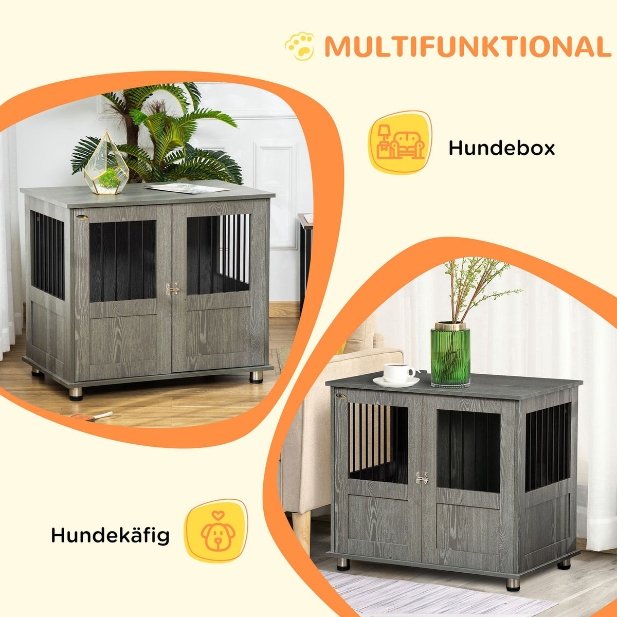 Dog Cage for Home, Pet Cage, Indoor Dog Kennel with Lock, Magnetic Door, Dog House with Window, Dog Box for Small and Medium Dogs, Grey, 85 x 55 x 87 cm