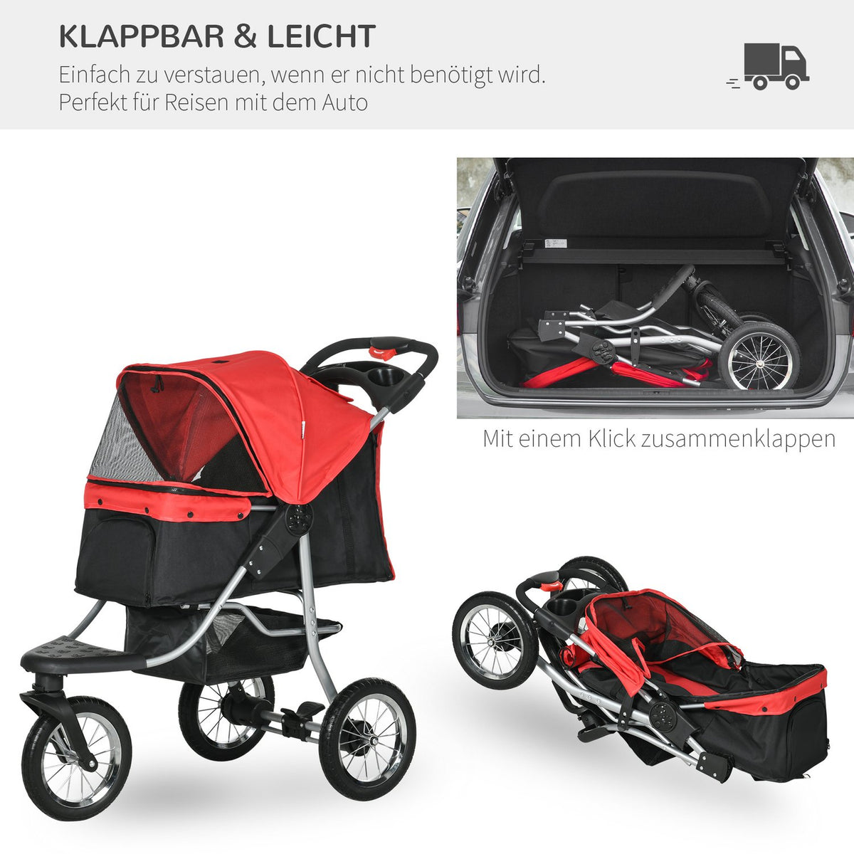 Dog Cart Dog Buggy Cat Buggy Pet Stroller With 3 Wheels Foldable Dog Cat Oxford Red + Black 109.5 X 54.5 X 106.5 Cm
