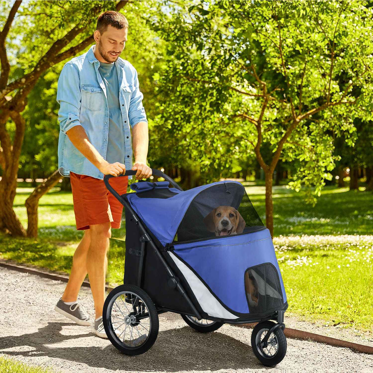 Dog Cart Dog Buggy Mesh Window Foldable Cat Cart Safety Leash Large Rubber Wheels Up To 30Kg Oxford Blue