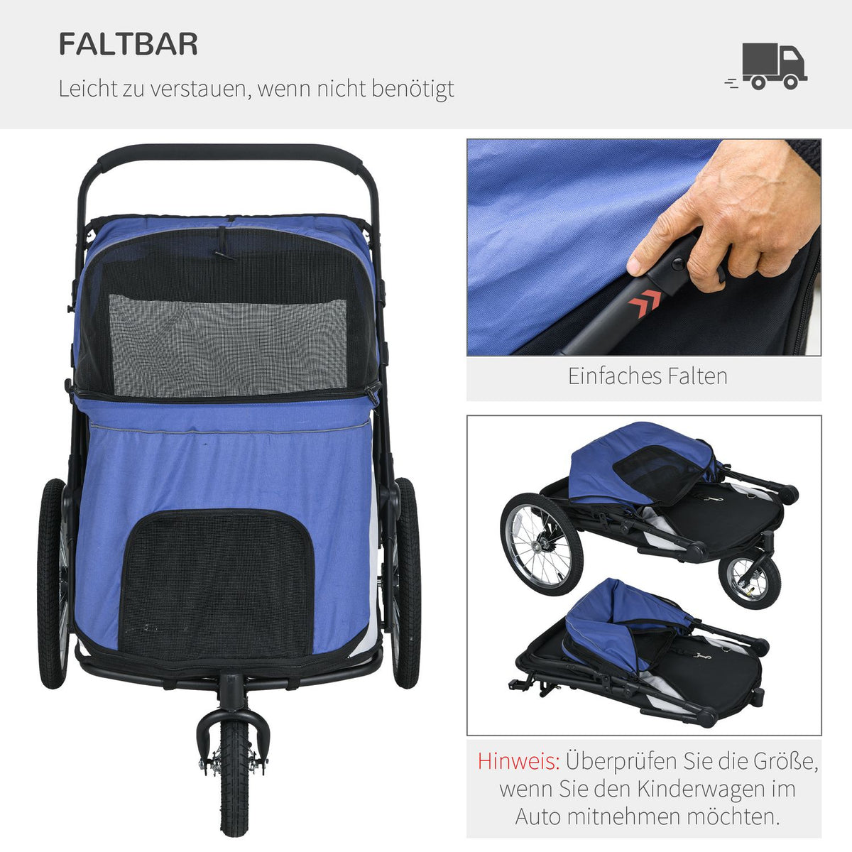 Dog Cart Dog Buggy Mesh Window Foldable Cat Cart Safety Leash Large Rubber Wheels Up To 30Kg Oxford Blue