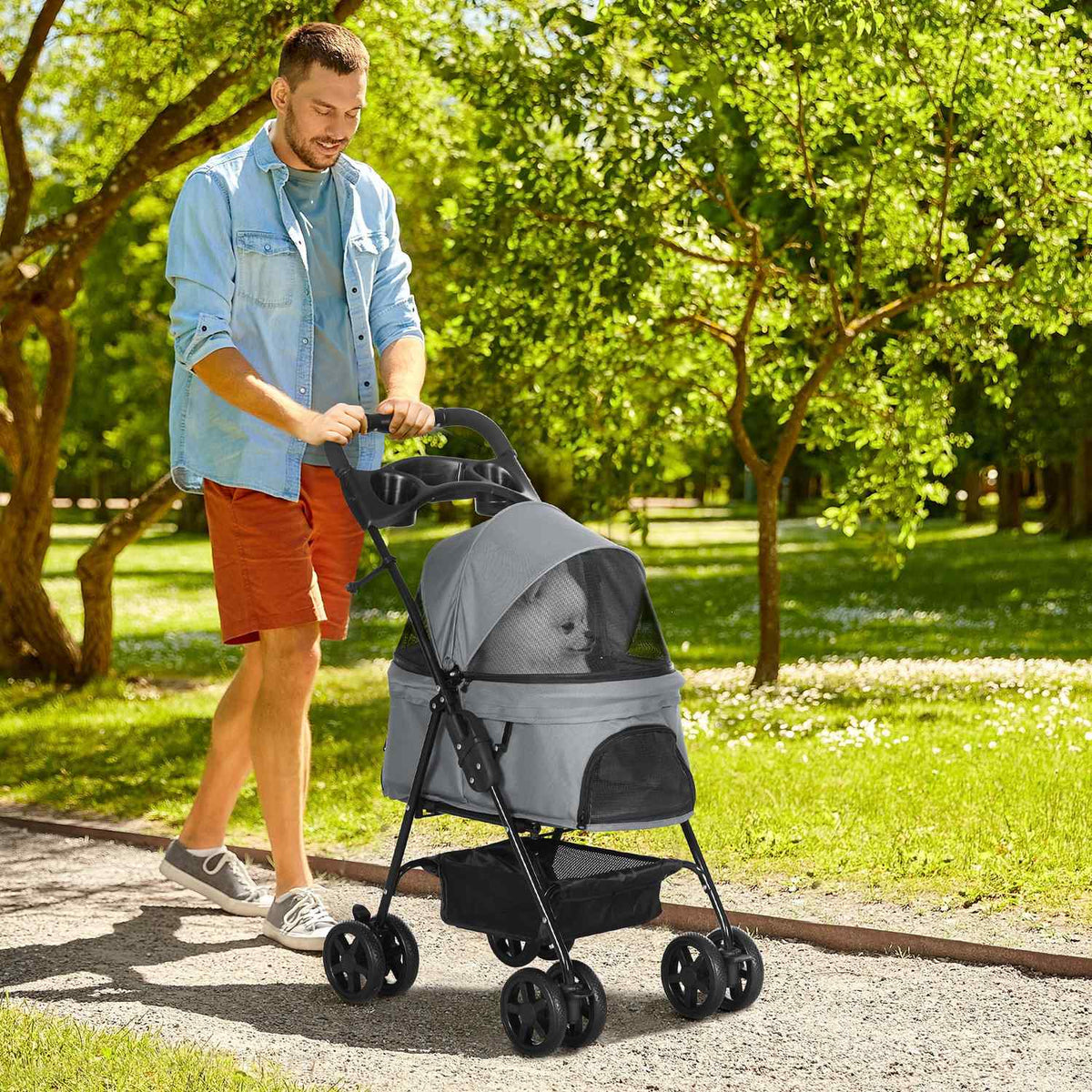 Dog Cart Dog Buggy With Folding Function Pet Stroller For Small Dogs And Cats Pet Cart Cat Buggy Oxford Gray 67 X 45 X 96 Cm