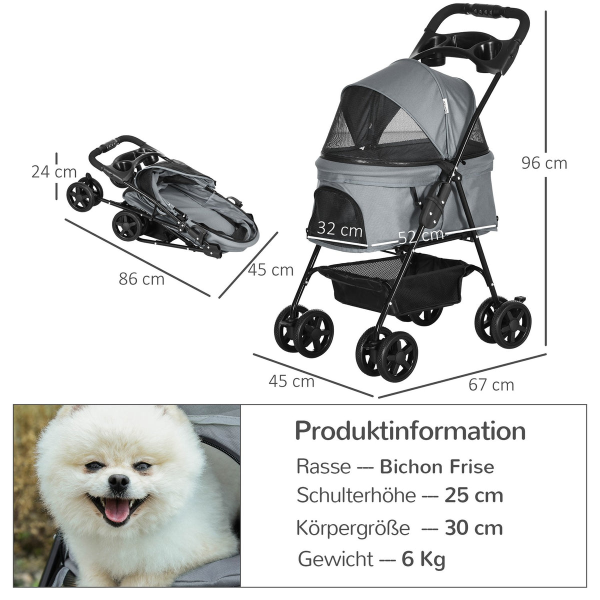 Dog Cart Dog Buggy With Folding Function Pet Stroller For Small Dogs And Cats Pet Cart Cat Buggy Oxford Gray 67 X 45 X 96 Cm