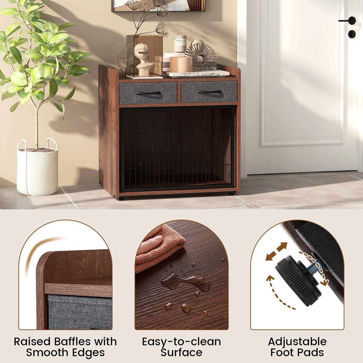 Dog Crate Furniture End Table With 2 Fabric Drawers