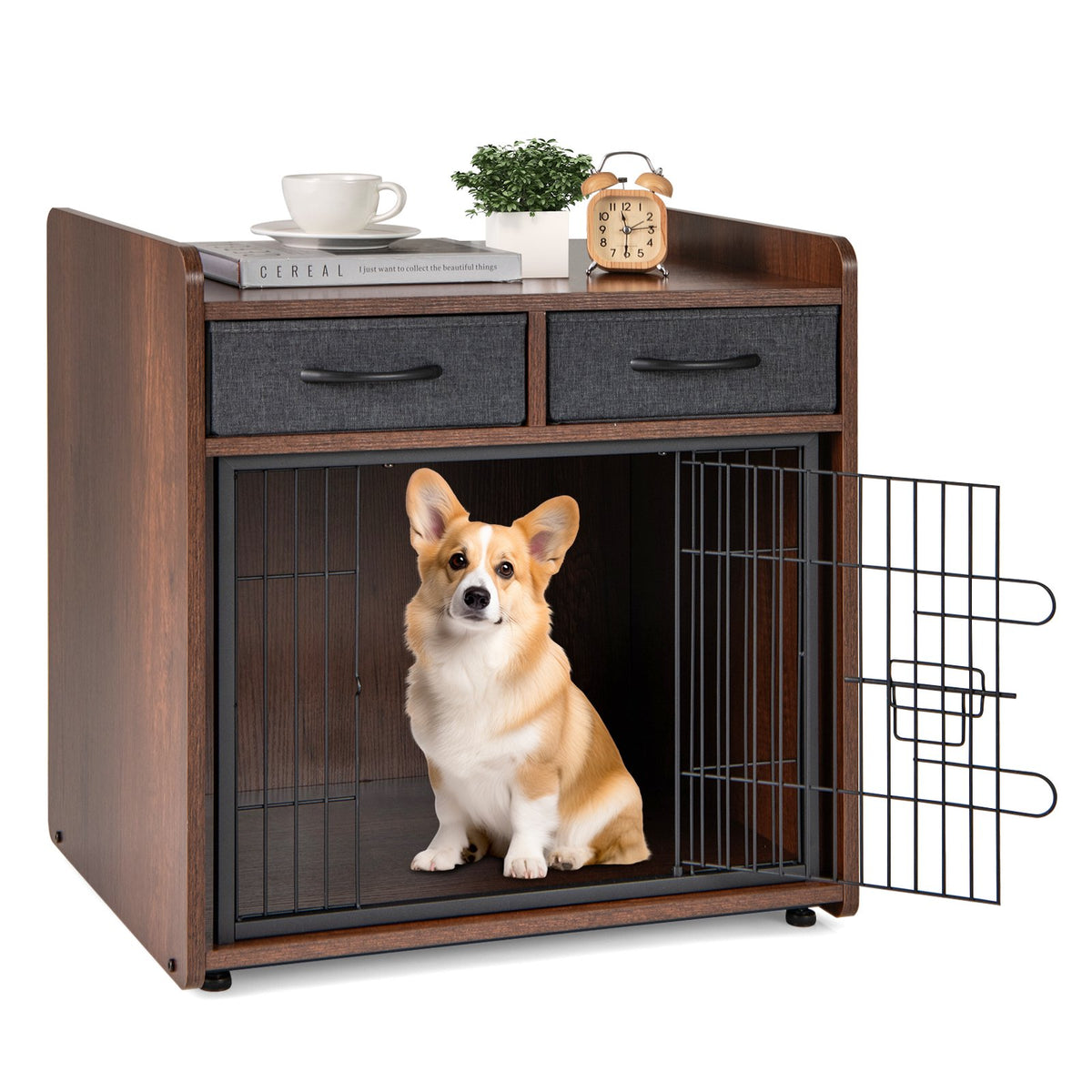 Dog Crate Furniture End Table With 2 Fabric Drawers