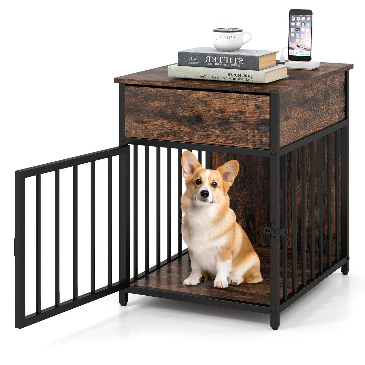 Dog Crate Furniture with Charging Station & Drawer