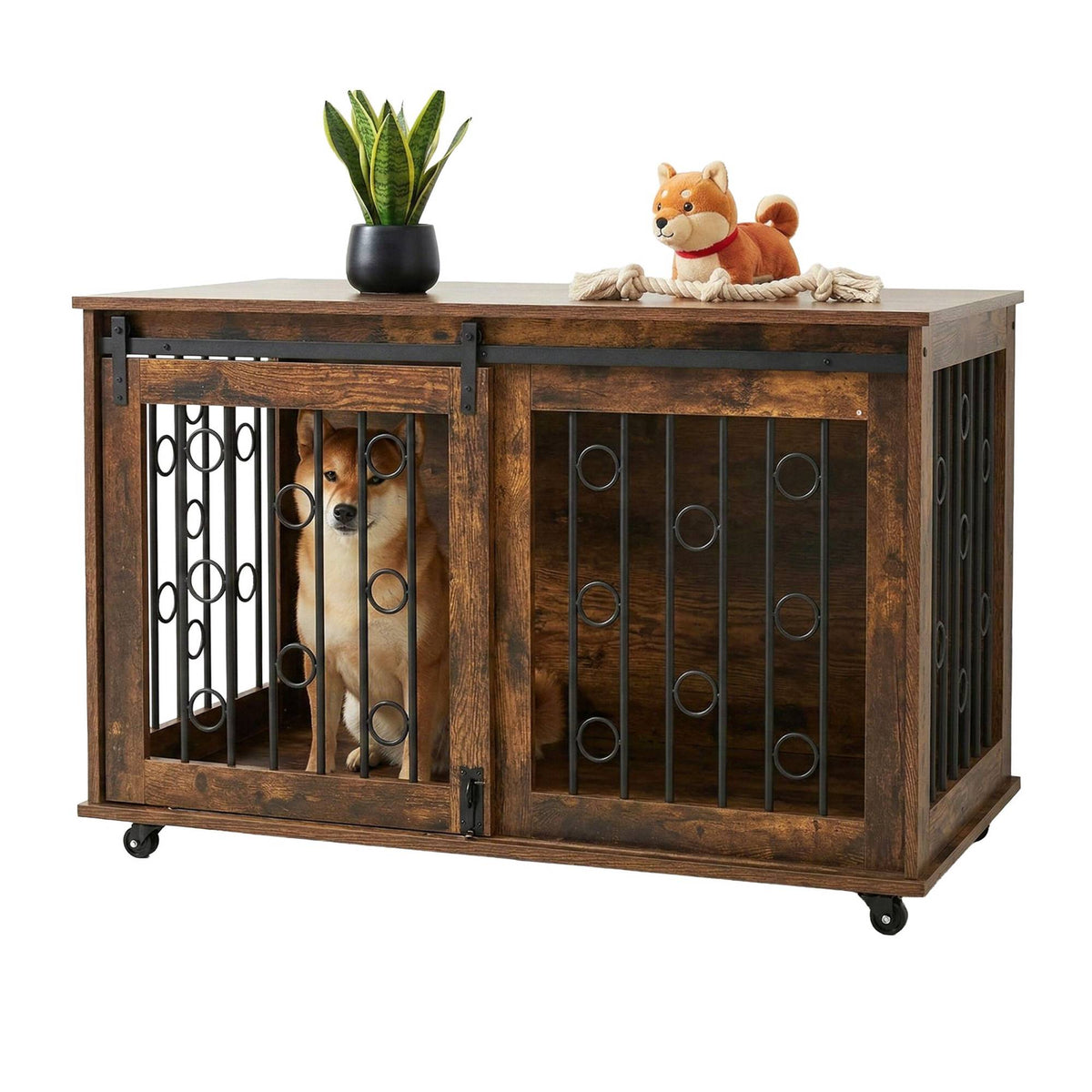Dog Crate Furniture with Sliding Door and Castors