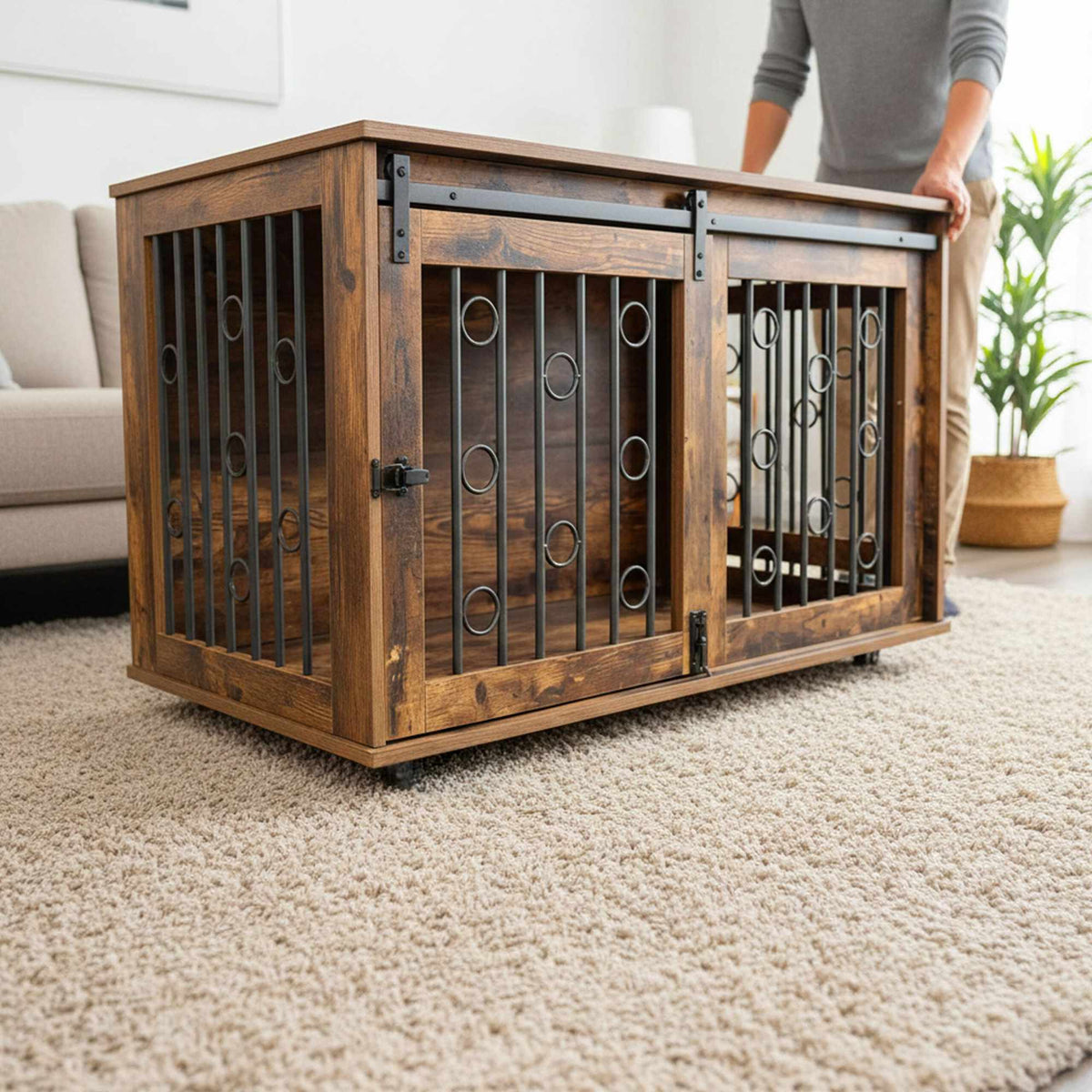 Dog Crate Furniture with Sliding Door and Castors
