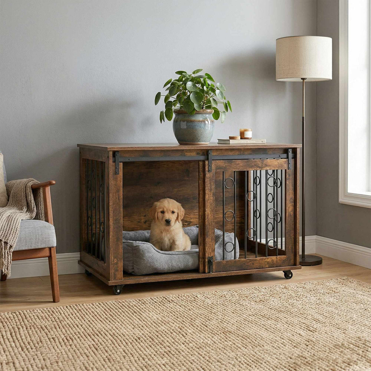 Dog Crate Furniture with Sliding Door and Castors