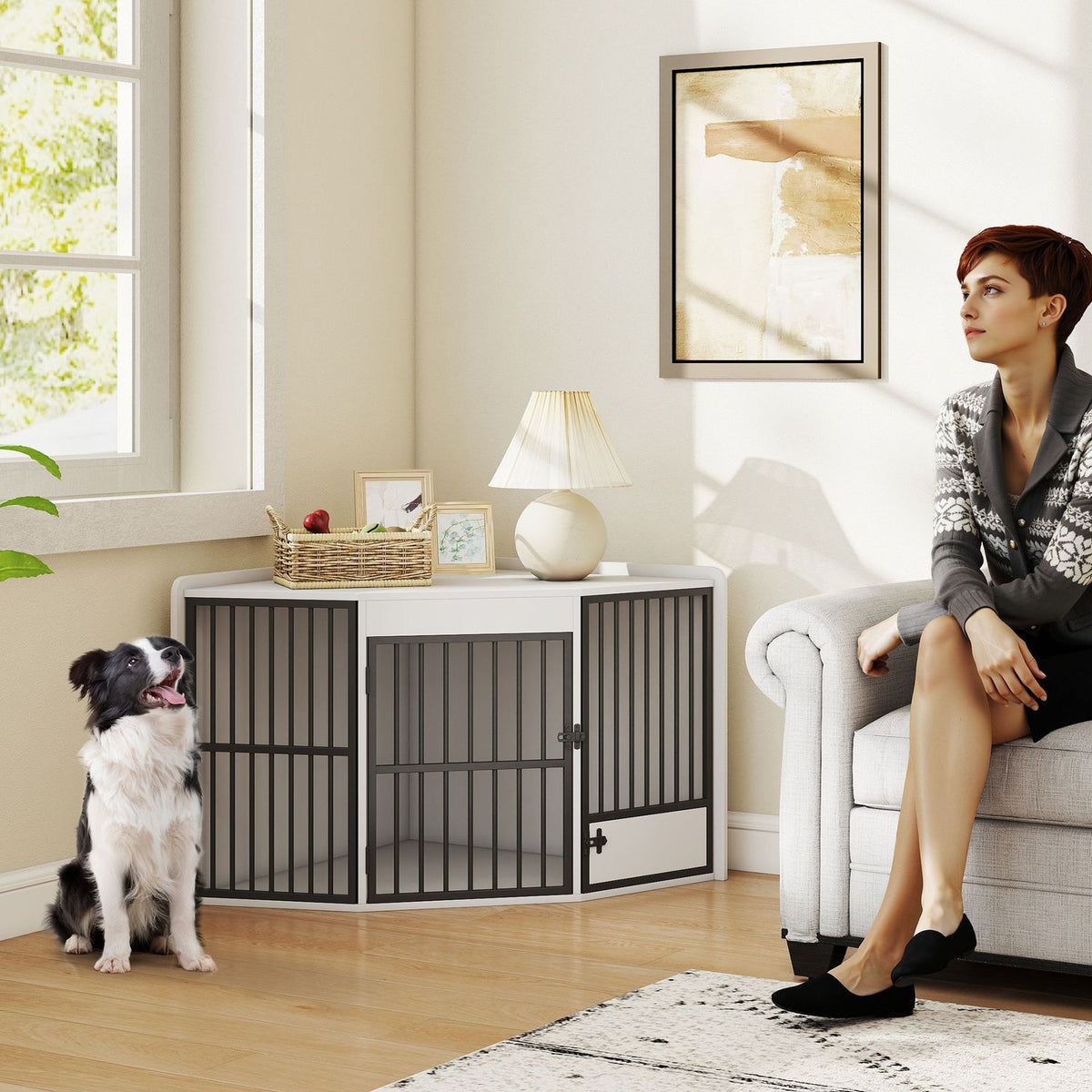 Dog Crate with Feeding Door, MDF & Metal, White