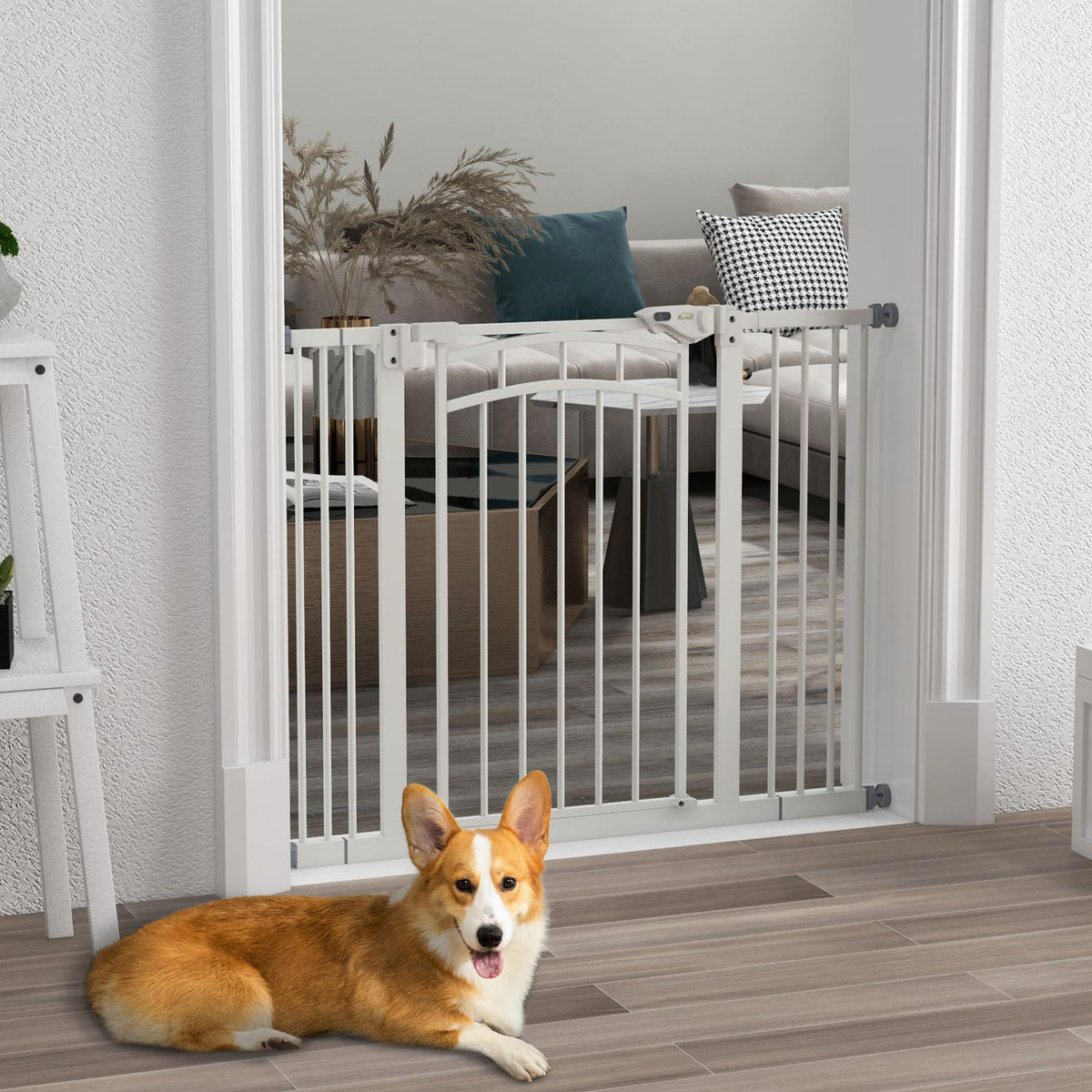 Dog Door Gate Barrier With Automatically Closing Door, 74-100 Cm, Chimney Guard, No Drilling For Small To Medium Dogs