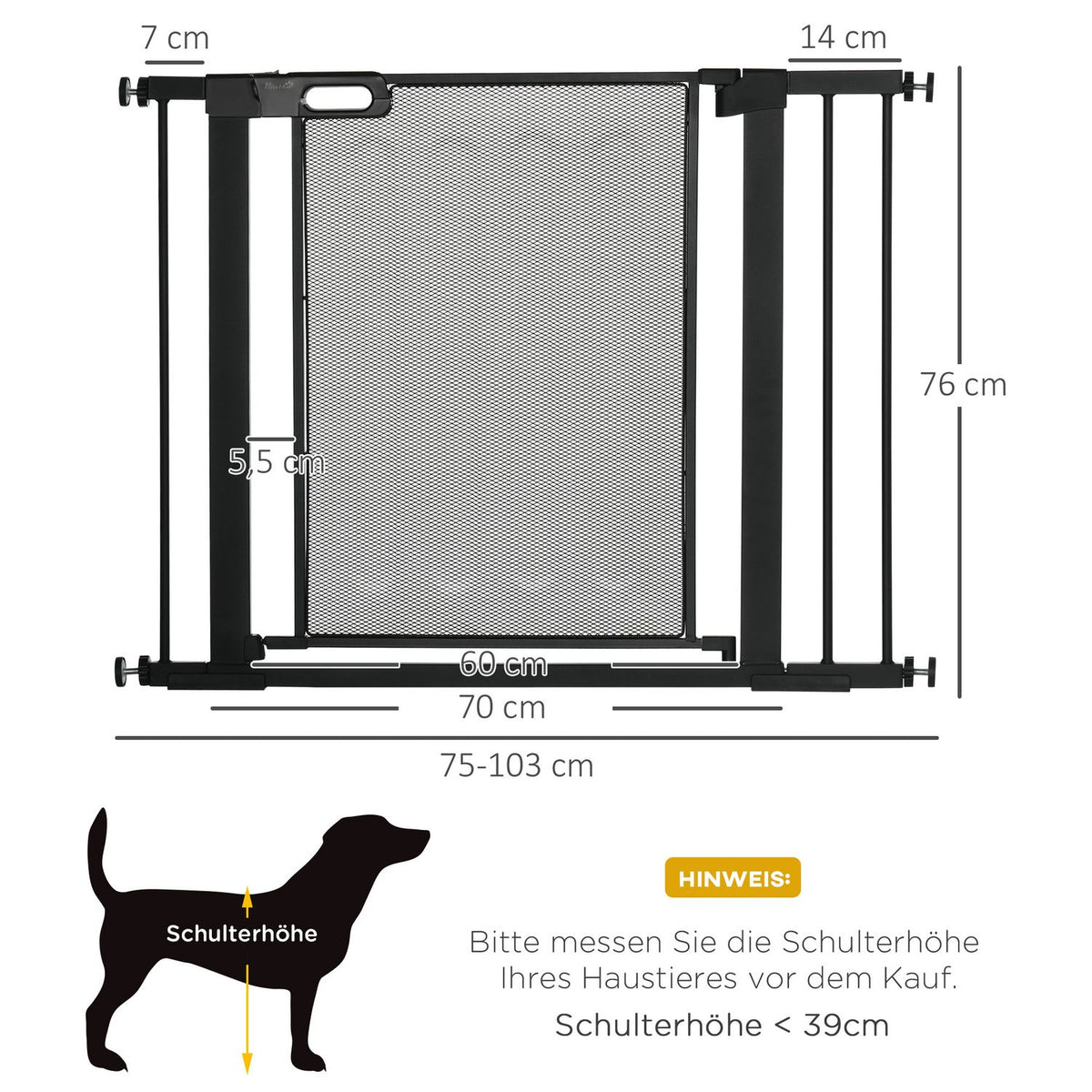 Dog Door Guard, Stair Gate, Dog Gate Without Drilling, 75-103 Cm Wide Barrier, Auto-Close, For Children, Cats, Steel, Black