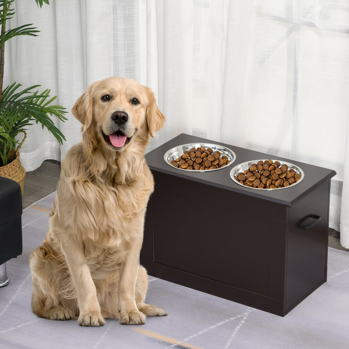 Dog Feeding Bowl With Storage Space 2 Bowls Feeding Station Stainless Steel Bowl Cat Bowl Mdf Stainless Steel Espresso 60 X 30 X 41 Cm