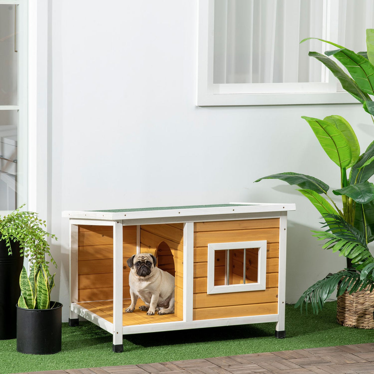 Dog House Fir Wood Dog House With Patio & Hinged Roof For Small Dogs Indoor/Outdoor Orange