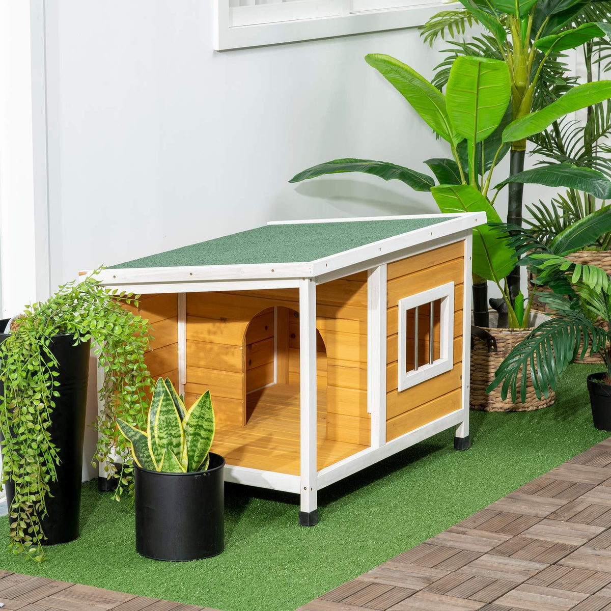 Dog House Fir Wood Dog House With Patio & Hinged Roof For Small Dogs Indoor/Outdoor Orange