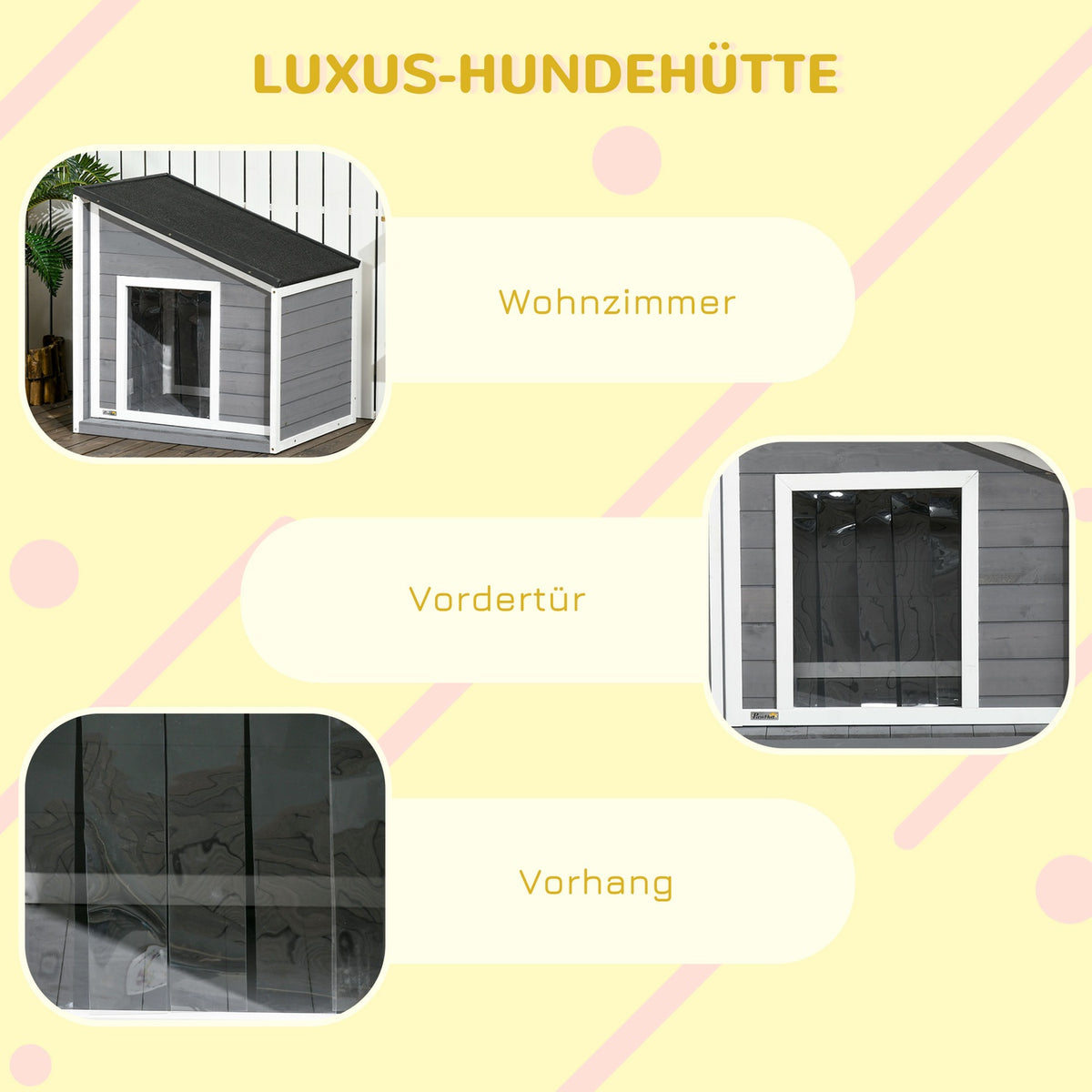 Dog House Weatherproof Dog House Made Of Fir Wood With Asphalt Roof & Door Curtain, Gray, 71X58X53/77Cm