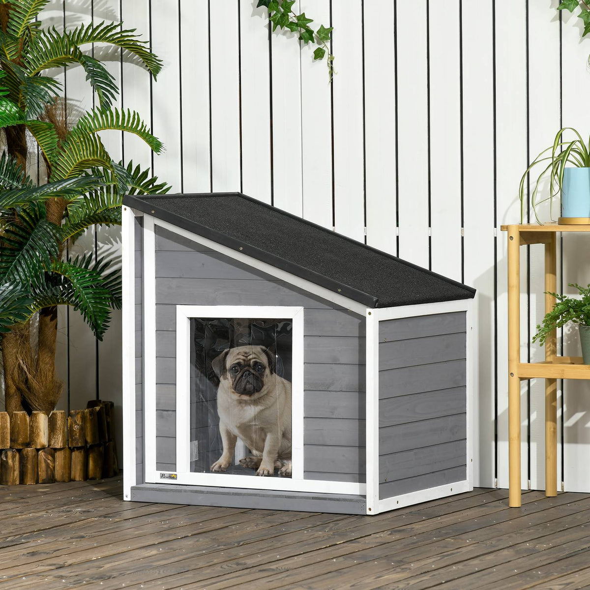 Dog House Weatherproof Dog House Made Of Fir Wood With Asphalt Roof & Door Curtain, Gray, 71X58X53/77Cm