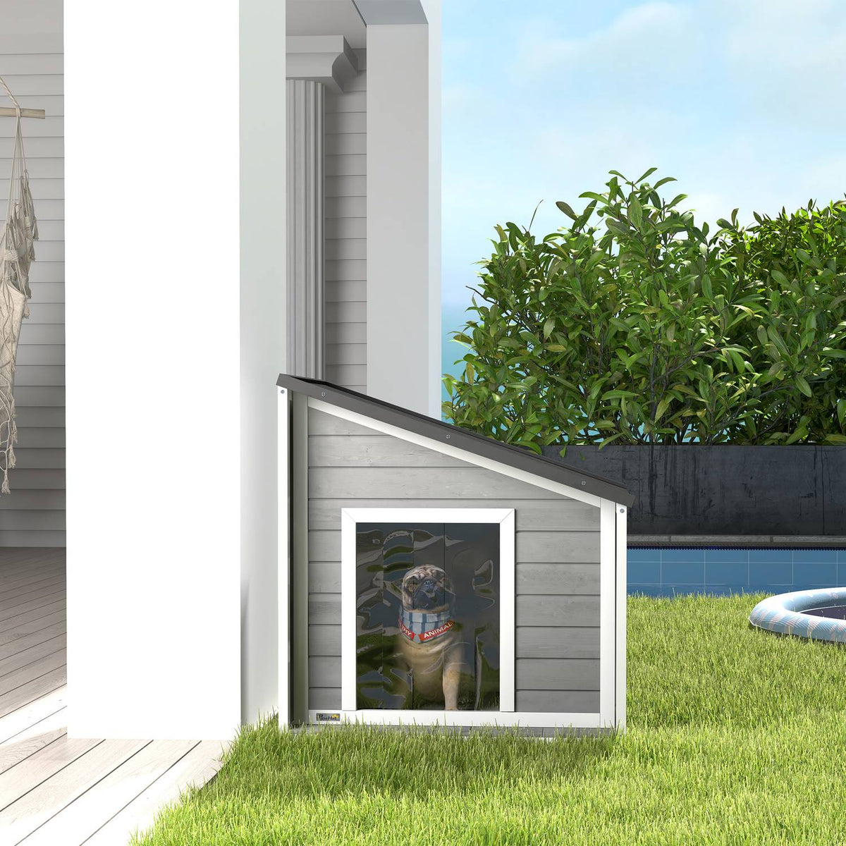Dog House Weatherproof Dog House Made Of Fir Wood With Asphalt Roof & Door Curtain, Gray, 71X58X53/77Cm