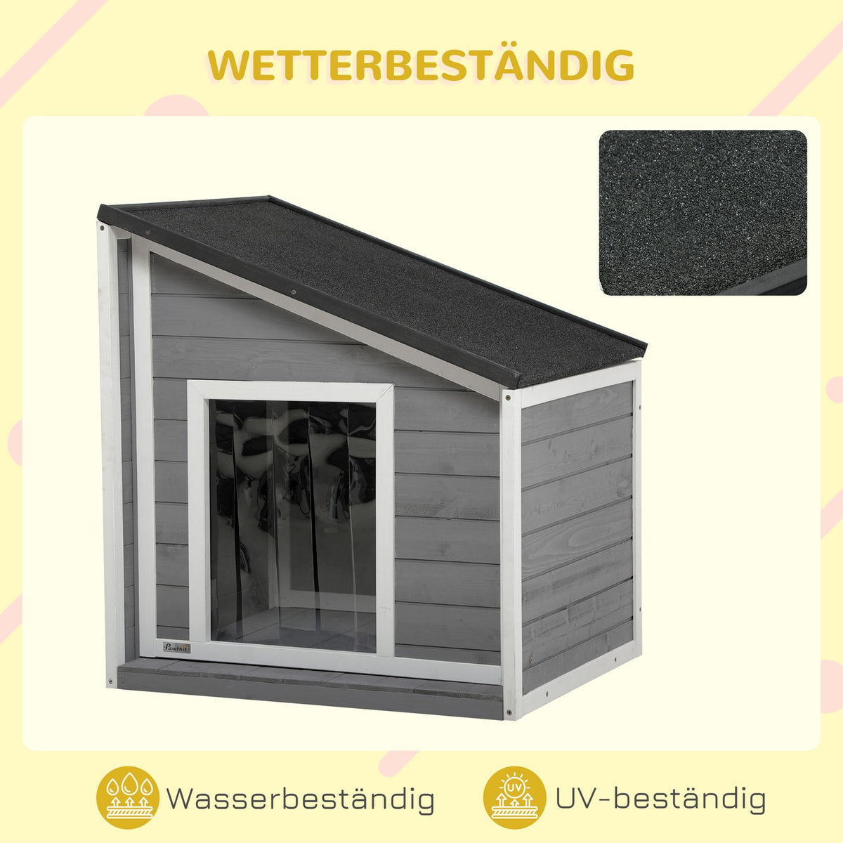 Dog House Weatherproof Dog House Made Of Fir Wood With Asphalt Roof & Door Curtain, Gray, 71X58X53/77Cm