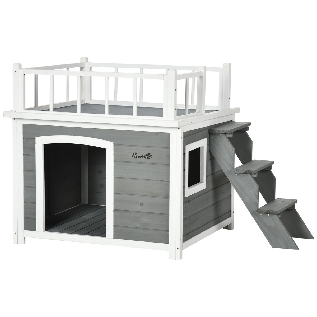 Dog House With Balcony, Elevated Small Animal House With Stairs, Window, Dog Cave For Medium, Large Dogs, Fir Wood